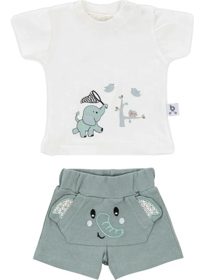 طفل يمشي Hero Short Sleeve Patterned Baby T-Shirt & Embroidered Shorts Set Elephant