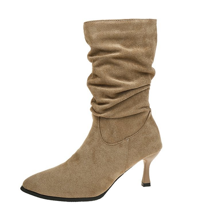 Women'S Thick Leg Thin Heel Mid Heel Boots But Knee Pleated Suede Pointed Boots Mid-Barrel Martin Boots - Image 1
