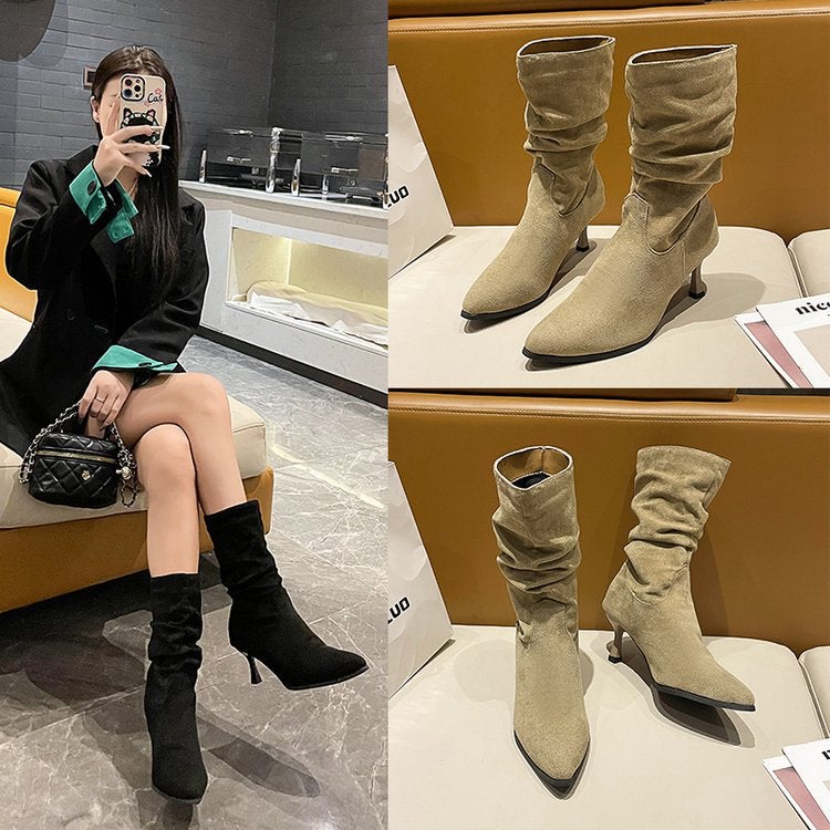 Women'S Thick Leg Thin Heel Mid Heel Boots But Knee Pleated Suede Pointed Boots Mid-Barrel Martin Boots - Image 3