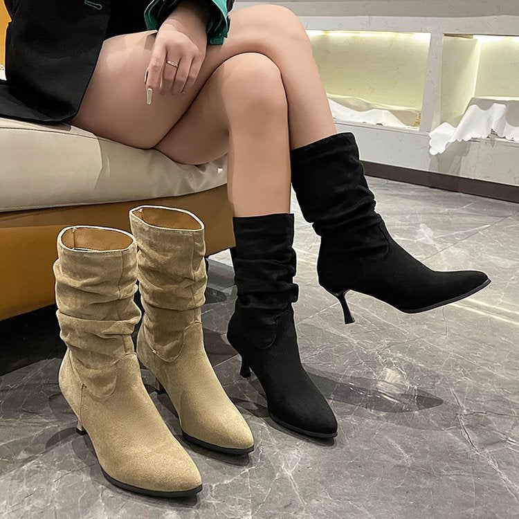 Women'S Thick Leg Thin Heel Mid Heel Boots But Knee Pleated Suede Pointed Boots Mid-Barrel Martin Boots - Image 5