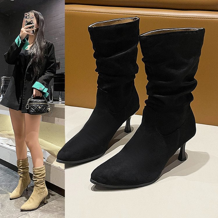 Women'S Thick Leg Thin Heel Mid Heel Boots But Knee Pleated Suede Pointed Boots Mid-Barrel Martin Boots - Image 2