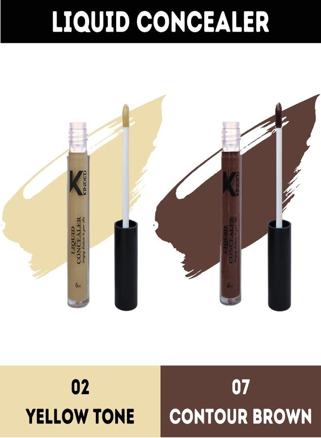 KINDED Liquid Concealer Full Coverage Colour Corrector Contour Waterproof HD Pro Master Series for Dry & Oily Skin Dark Circles & Spots (Creamy Matte, Yellow Tone & Contour Brown Combo, 6 ml each) - Image 2