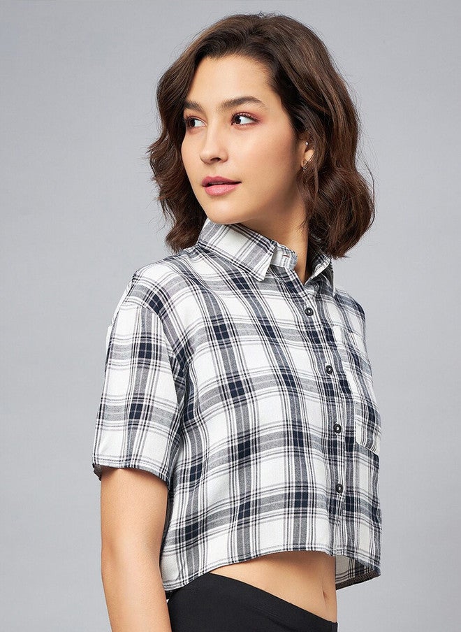CHIMPAAANZEE Tartan Checked Oversized Cropped Casual Shirt - Image 3