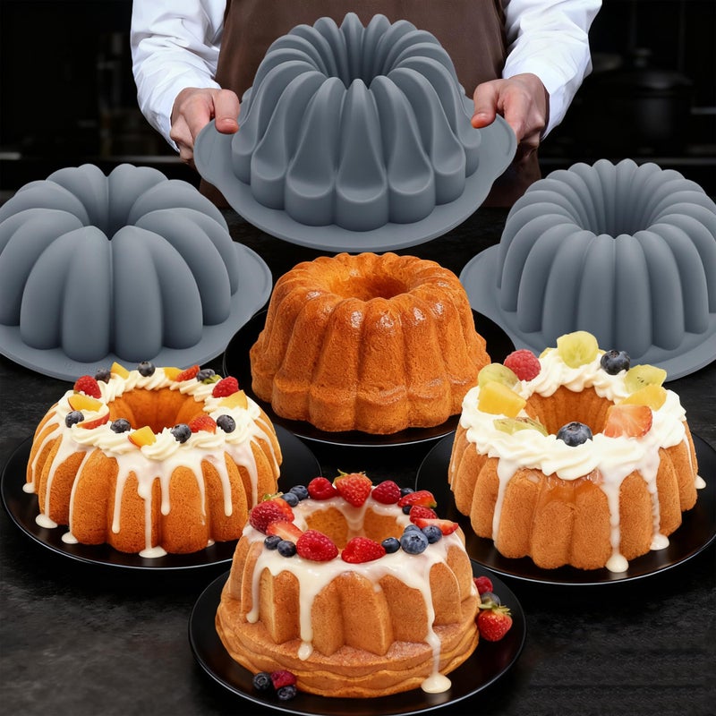 Tongjude 4 Pieces Silicone Fluted Tube Cake Pans, 7 Cups Tube Baking Pan, Jello Mold, Silicone Molds for Homemade Cake, Bread and Jello, Non-Stick, Grey - Image 2