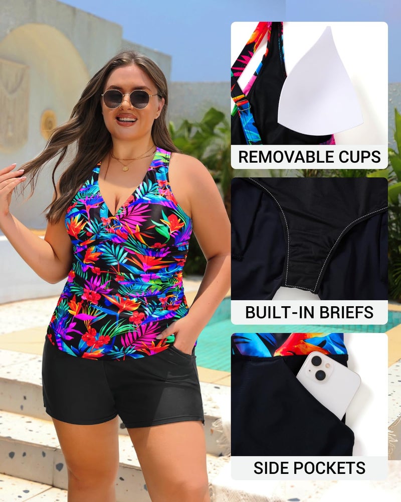 Daci Plus Size Tankini Swimsuit for Women - Two Piece Tummy Control Bathing Suit Tankini Top with Two Pockets Shorts Colorful Leaves 20 Plus - Image 5