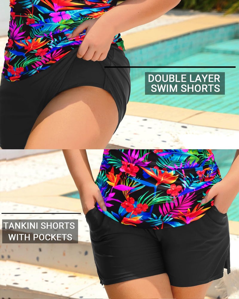 Daci Plus Size Tankini Swimsuit for Women - Two Piece Tummy Control Bathing Suit Tankini Top with Two Pockets Shorts Colorful Leaves 20 Plus - Image 4