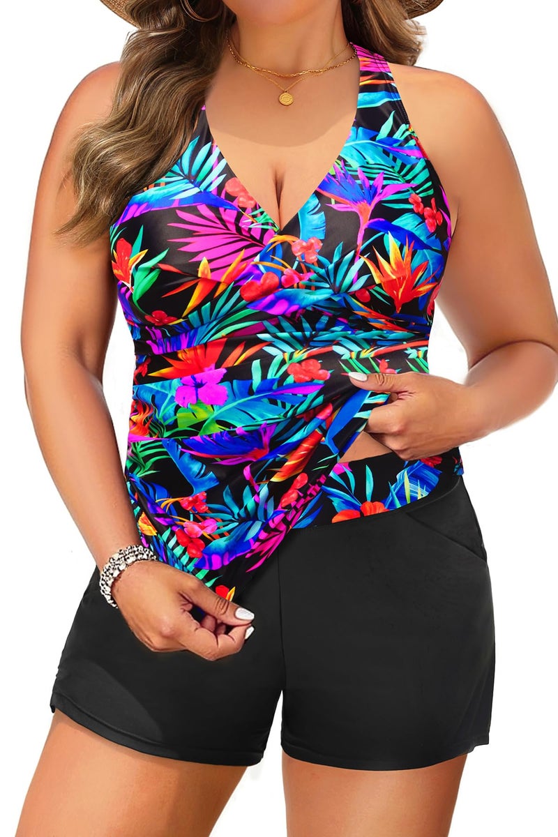 Daci Plus Size Tankini Swimsuit for Women - Two Piece Tummy Control Bathing Suit Tankini Top with Two Pockets Shorts Colorful Leaves 20 Plus - Image 1