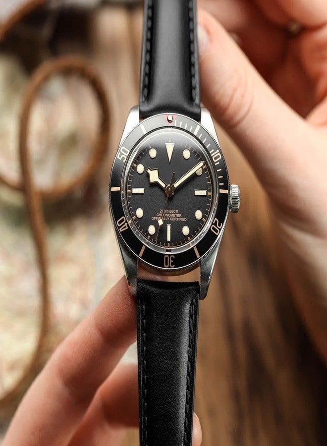 WatchGecko Tenby Classic Padded Genuine Leather QR Watch Strap [Black, 20mm] - Image 2