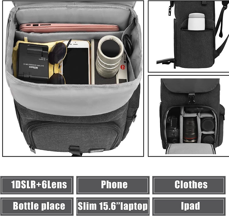 CADeN Camera Backpack Canvas Camera Bag for DSLR/SLR Mirrorless Camera with 15.6 inches Laptop Compartment, Camera Case Compatible for Sony Canon Nikon Cameras and Lens Tripod Waterproof Black - Image 2