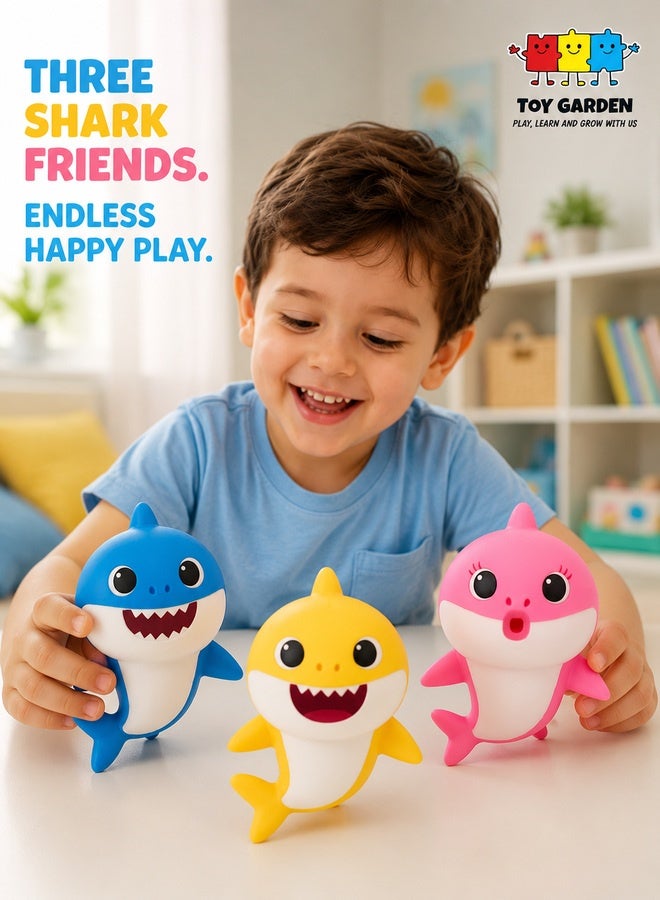 TOY GARDEN Baby Shark Toy Set – 3-Pack of Colorful Singing Sharks with Blue, Yellow, and Pink Characters – Interactive Musical Plush Dolls for Kids, Perfect for Baby Shark Fans - Image 1
