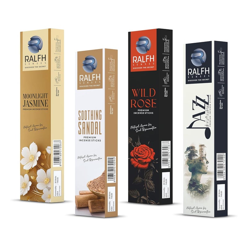 RALFHSENSES Ralfh Senses 4in1 Agarbatti Experience The Soothing fragrances of Classic Chandan Rose Jazz Jasmine Chandan Pack of 4 Ralfh Agarbatti Combo Agarbatti Pack 2  - Image 1