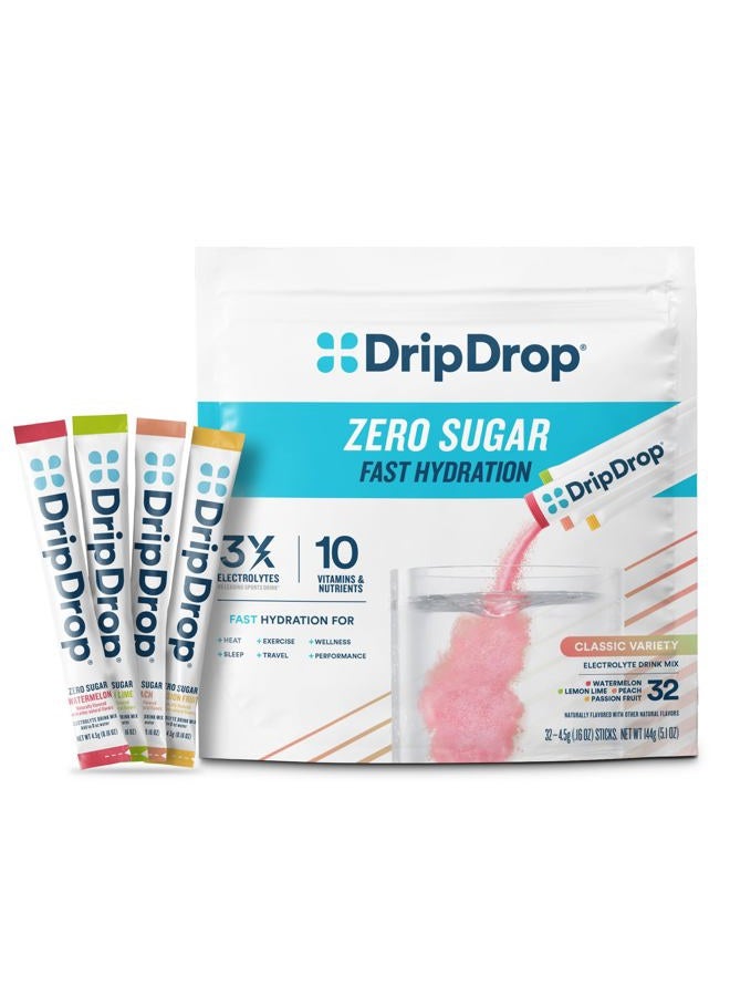 DripDrop Sugar Free Hydration Packets - Zero Classic Variety Pack - Single Serve Electrolytes Powder Drink Mix - Lemon Lime, Watermelon, Peach, Passion Fruit - Non-GMO, Gluten Free, Vegan - 32 Sticks - Image 1