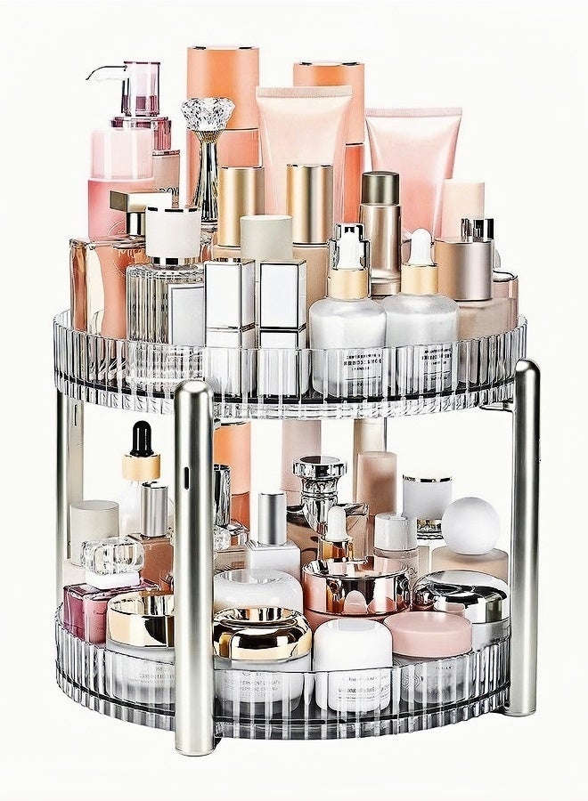 منظم مكياج دوار، رف حامل مكياج لعرض مستحضرات التجميل بسعة كبيرة بطبقتين للحمام وعطور العناية بالبشرة وفرش أحمر الشفاه وظلال العيون - Image 1