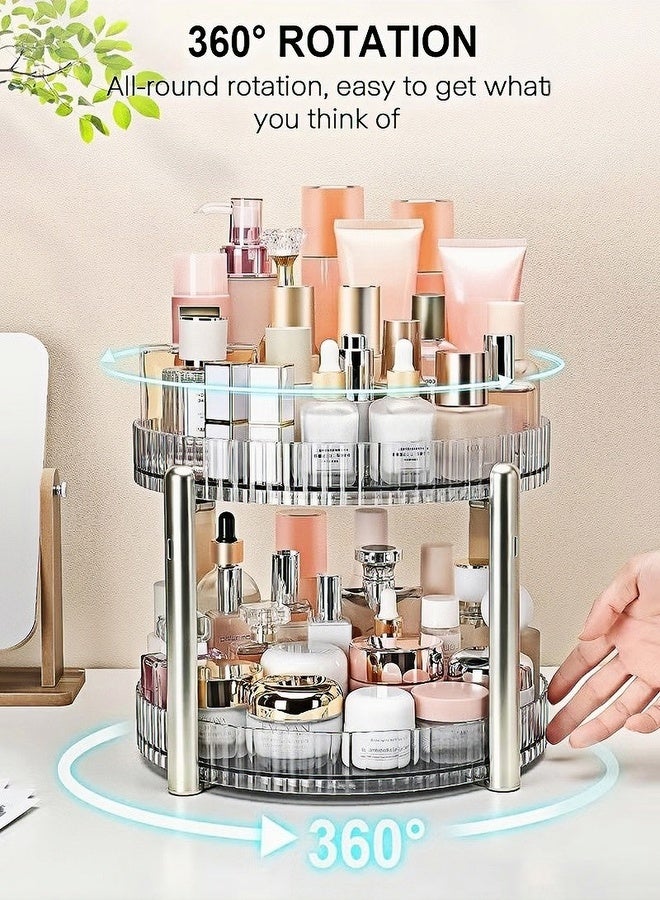 منظم مكياج دوار، رف حامل مكياج لعرض مستحضرات التجميل بسعة كبيرة بطبقتين للحمام وعطور العناية بالبشرة وفرش أحمر الشفاه وظلال العيون - Image 2