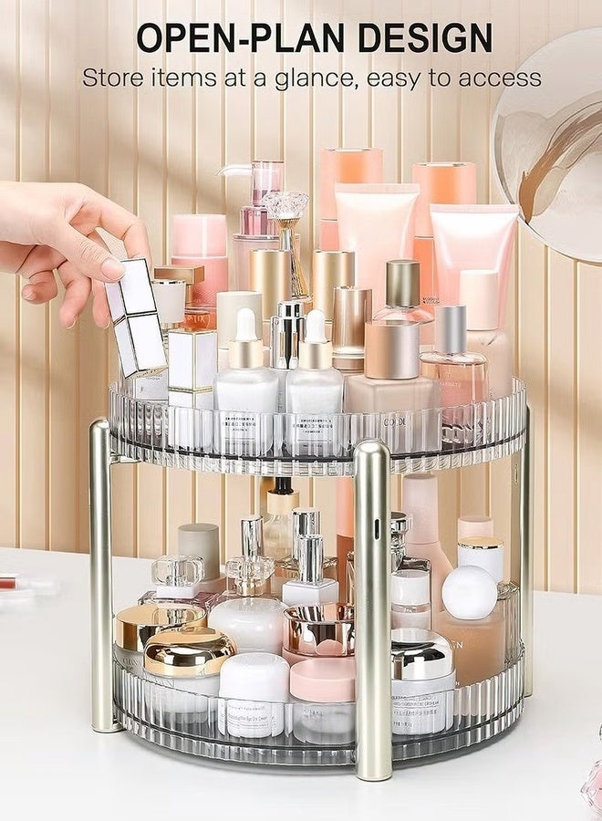 منظم مكياج دوار، رف حامل مكياج لعرض مستحضرات التجميل بسعة كبيرة بطبقتين للحمام وعطور العناية بالبشرة وفرش أحمر الشفاه وظلال العيون - Image 4