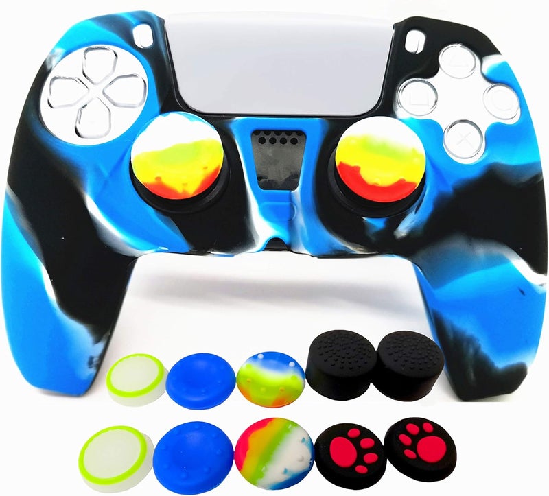 Asokex Skin for PS5 Controller Grips, Silicone Case Cover for PlayStation 5 Anti-Slip Protector with 10pcs Thumb Joysticks Caps (Royal Blue&Black) - Image 1