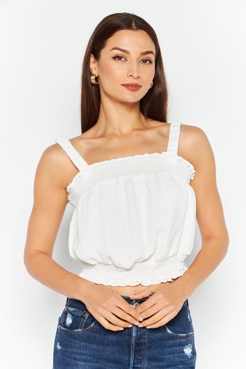 Riley & Rae Women Straight Across Sleeveless Solid Crop Top, Ivory - Image 1