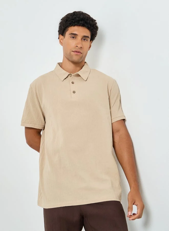 Take Two Men Beige Linen Blend Short Sleeve Polo
