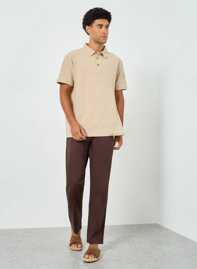 Take Two Men Beige Linen Blend Short Sleeve Polo