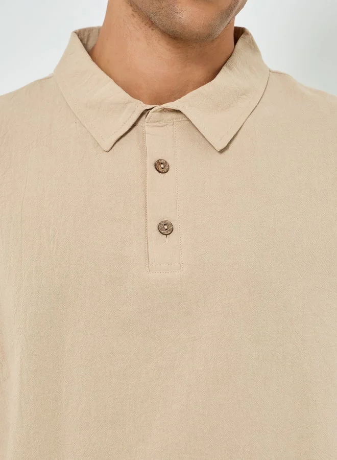 Take Two Men Beige Linen Blend Short Sleeve Polo
