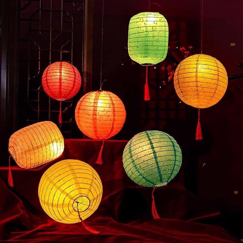 Metany 5PCS Paper Lanterns Valentines Day Chinese New Year Spring Festival Lantern,8inches Round Hanging Paper Lanterns with LED Lights,with Tassels Walking Sticks for Wedding Dinner Birthday Party Decor - Image 2