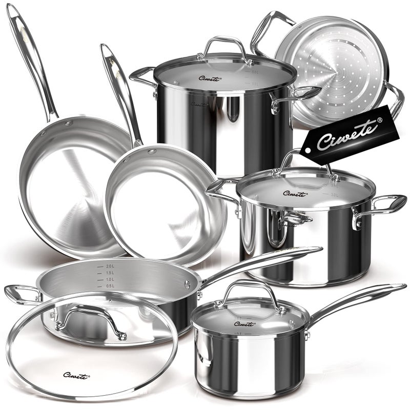 Ciwete 11-Piece Tri-Ply Stainless Steel Pots and Pans Set, 18/10 Stainless Steel Cookware Set with Steamer Insert, Induction Kitchen Cookware Sets with Cool Ergonomic Handles, Dishwasher, Oven Safe - Image 1