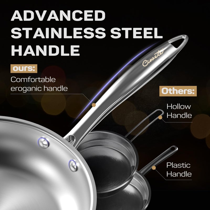 Ciwete 11-Piece Tri-Ply Stainless Steel Pots and Pans Set, 18/10 Stainless Steel Cookware Set with Steamer Insert, Induction Kitchen Cookware Sets with Cool Ergonomic Handles, Dishwasher, Oven Safe - Image 5