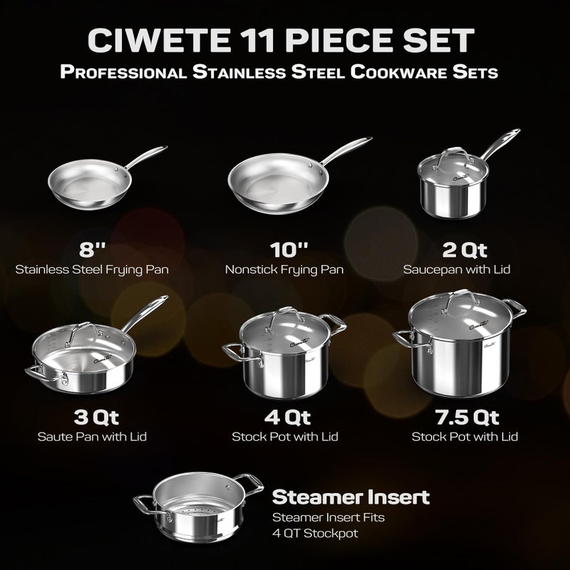 Ciwete 11-Piece Tri-Ply Stainless Steel Pots and Pans Set, 18/10 Stainless Steel Cookware Set with Steamer Insert, Induction Kitchen Cookware Sets with Cool Ergonomic Handles, Dishwasher, Oven Safe - Image 3
