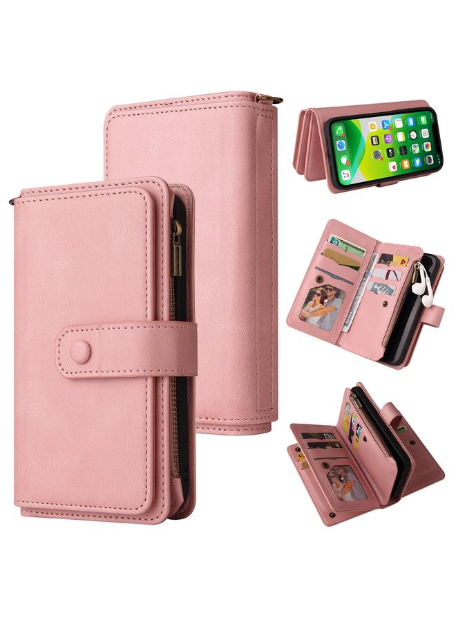 اس-توب جراب لهاتف iPhone 13 mini مصنوع من الجلد PU + TPU مع حامل وفتحة لـ 15 بطاقة ومحفظة وجيب بسحاب وحبل - Image 1