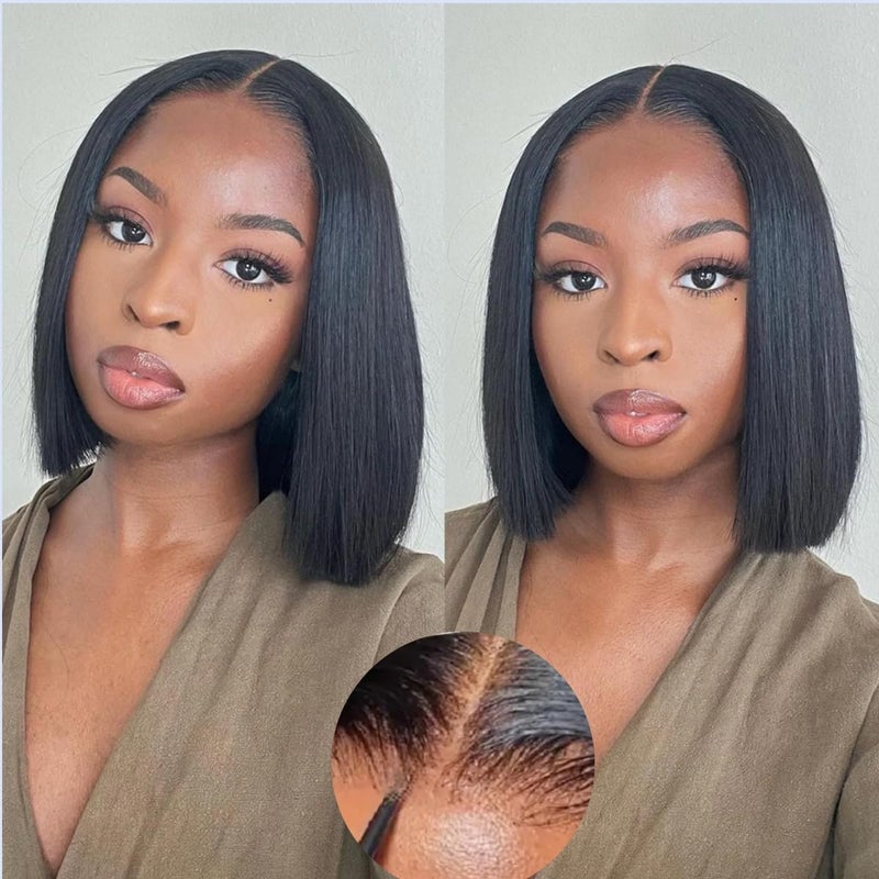 Nakkia Glueless Bob Wig Human Hair Pre Plucked Pre Cut 4x4 HD Straight Lace Front Wigs Human Hair for Black Women No Glue Upgraded Wear and Go Glueless 150 Density 4x4 Glueless Bob Wig 10 Inch