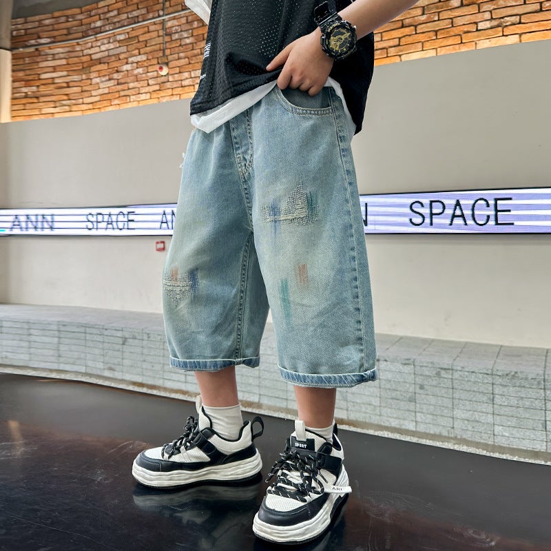 Children'S Clothing 2024 Boys Denim Cropped Pants Children'S Casual Big Boys Shorts A Generation Of Hair - Image 5