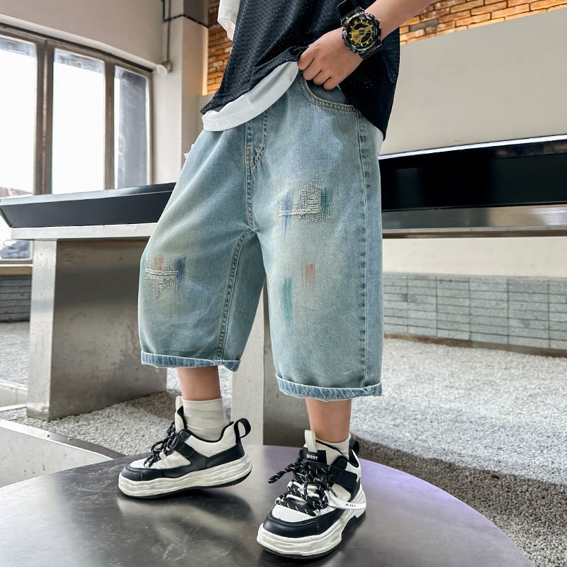 Children'S Clothing 2024 Boys Denim Cropped Pants Children'S Casual Big Boys Shorts A Generation Of Hair - Image 3