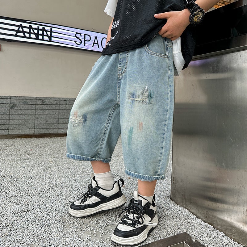 Children'S Clothing 2024 Boys Denim Cropped Pants Children'S Casual Big Boys Shorts A Generation Of Hair - Image 4