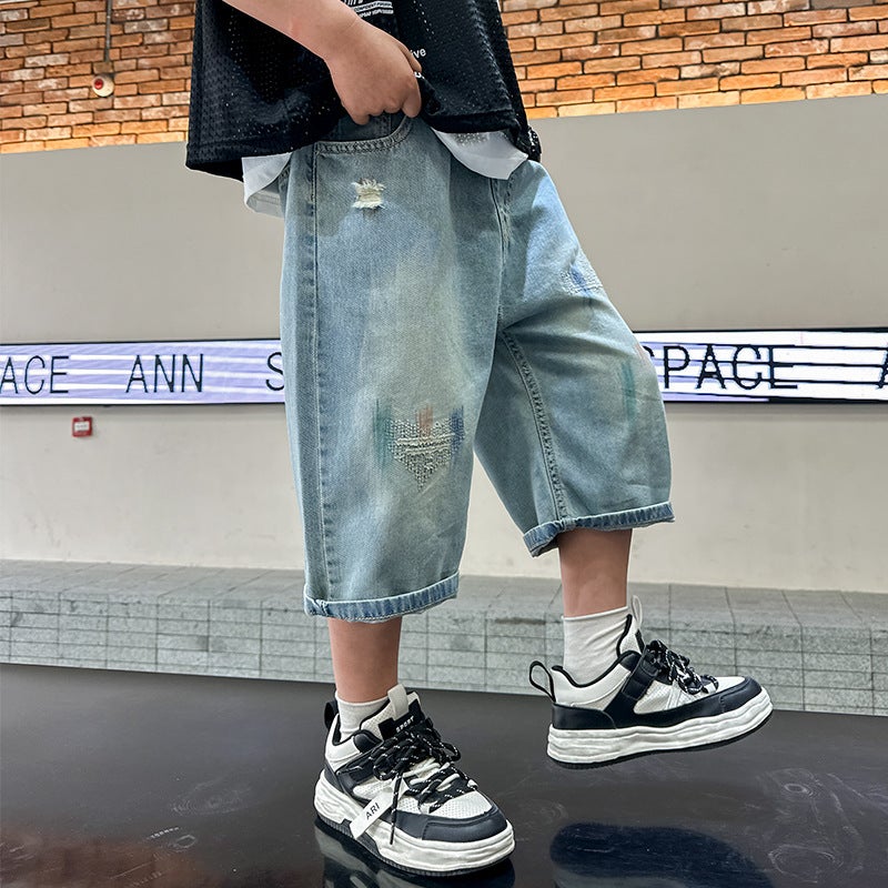 Children'S Clothing 2024 Boys Denim Cropped Pants Children'S Casual Big Boys Shorts A Generation Of Hair - Image 1