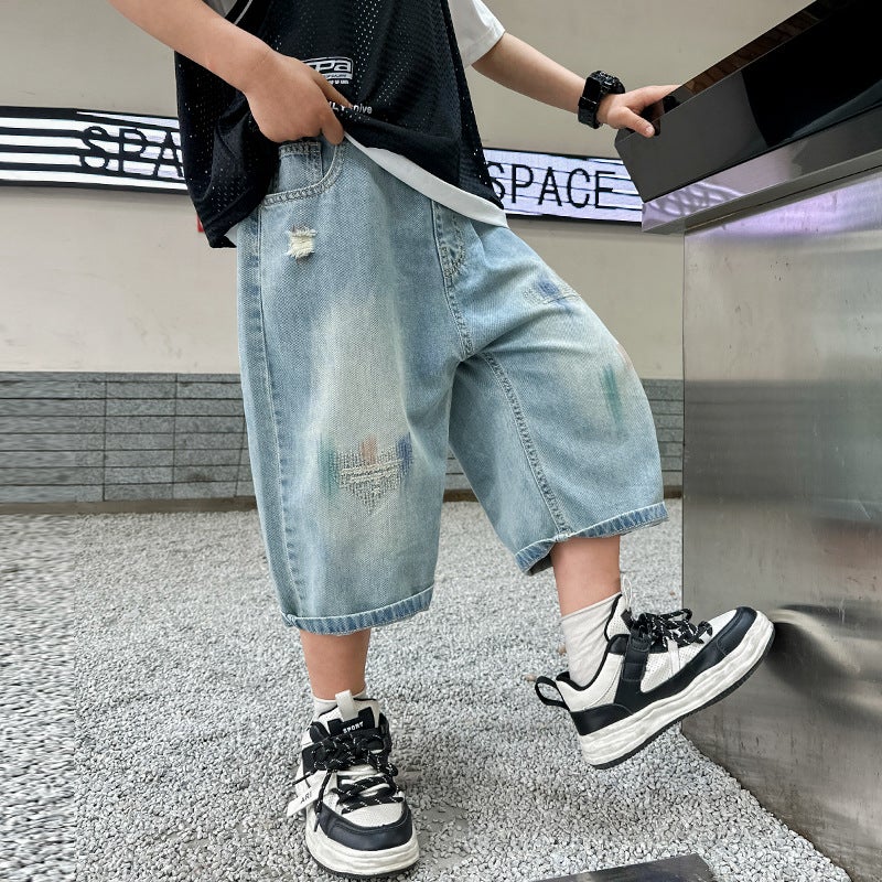 Children'S Clothing 2024 Boys Denim Cropped Pants Children'S Casual Big Boys Shorts A Generation Of Hair - Image 2