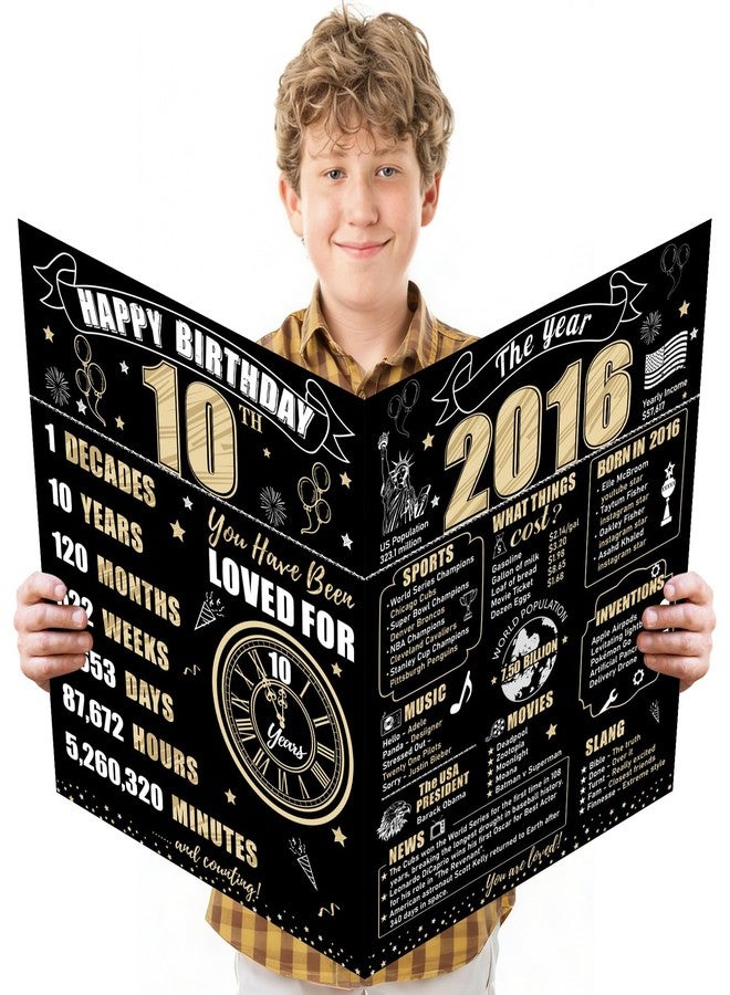 Turypaty Large 10th Birthday Card With Envelope for Boys Girls, 2016 Black Gold Happy 10th Birthday Giant Guest Signature Book Gifts, Big Vintage 2016 10th Greeting Card Decoration Party Supplies - Image 1