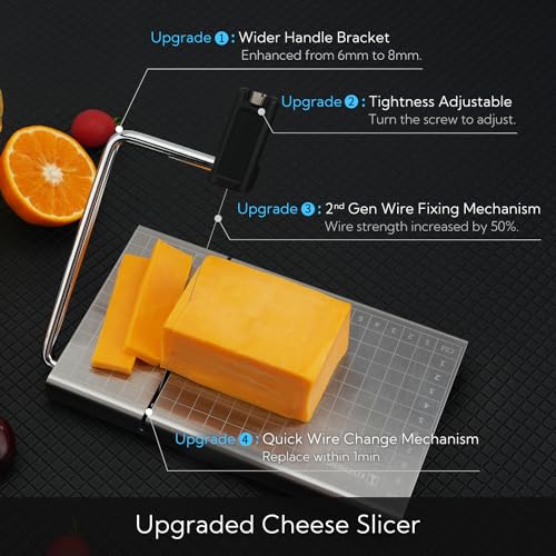 KITCHENDAO Replaceable Wire Cheese Slicer with Board and Measuring GridsTightness Adjustable Cheese Slicer Stainless Steel Metal Cheese Cutter for Block Cheese Dishwasher Safe with 2 Extra Wires - Image 3