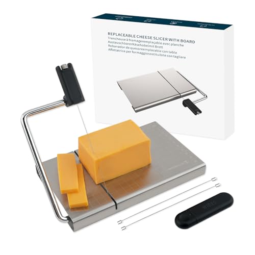 KITCHENDAO Replaceable Wire Cheese Slicer with Board and Measuring GridsTightness Adjustable Cheese Slicer Stainless Steel Metal Cheese Cutter for Block Cheese Dishwasher Safe with 2 Extra Wires - Image 1