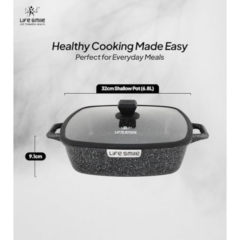 Square Shallow Casserole Pan 32cm with Lid, Granite Non-Stick Cooking Pot for Oven and Stovetop Use, Gray, Scratch-Resistant Surface - Image 3