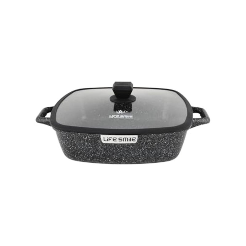 Square Shallow Casserole Pan 32cm with Lid, Granite Non-Stick Cooking Pot for Oven and Stovetop Use, Gray, Scratch-Resistant Surface - Image 1
