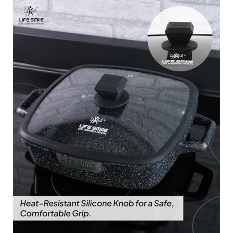 Square Shallow Casserole Pan 32cm with Lid, Granite Non-Stick Cooking Pot for Oven and Stovetop Use, Gray, Scratch-Resistant Surface - Image 5