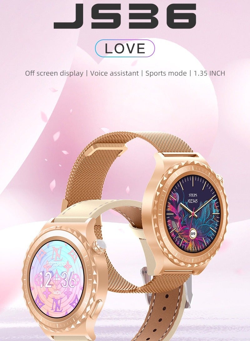 JS36 Smart Watch, 1.32 Inch Large Screen Bluetooth Call NFC Fitness Tracker Watch, Lightweight And Comfortable Health Monitoring Watch For Men And Women, (1pc, Golden, Leather Strap) - Image 2