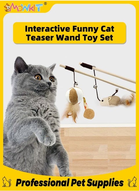 Cat Teaser Wand Toy Set Mice-Shaped and Ball-Shaped Interactive Cat Toys with 3 Feather Bouncy Ball Fun Cat Kitten Kitty Playing Toy