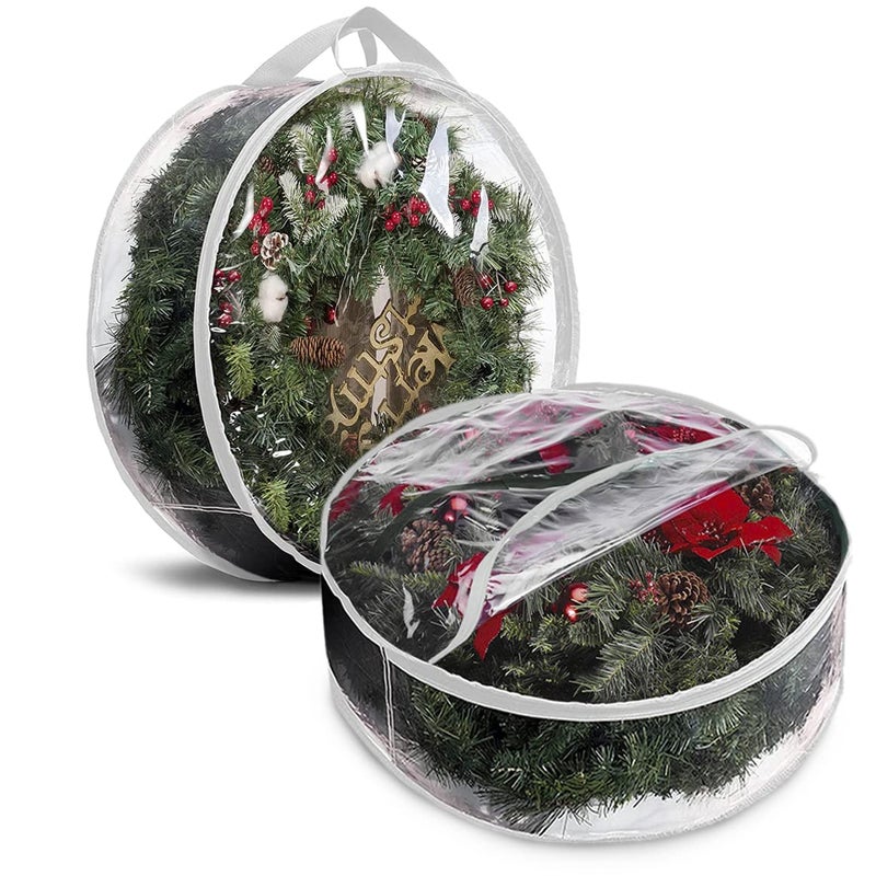 ProPik Christmas Wreath Storage Bag 30 2 Pack Clear Xmas Wreath Storage Container Garland Holiday Artificial Wreath Storage Holder Water Proof Transparent PVC with Handles 30 Inch White