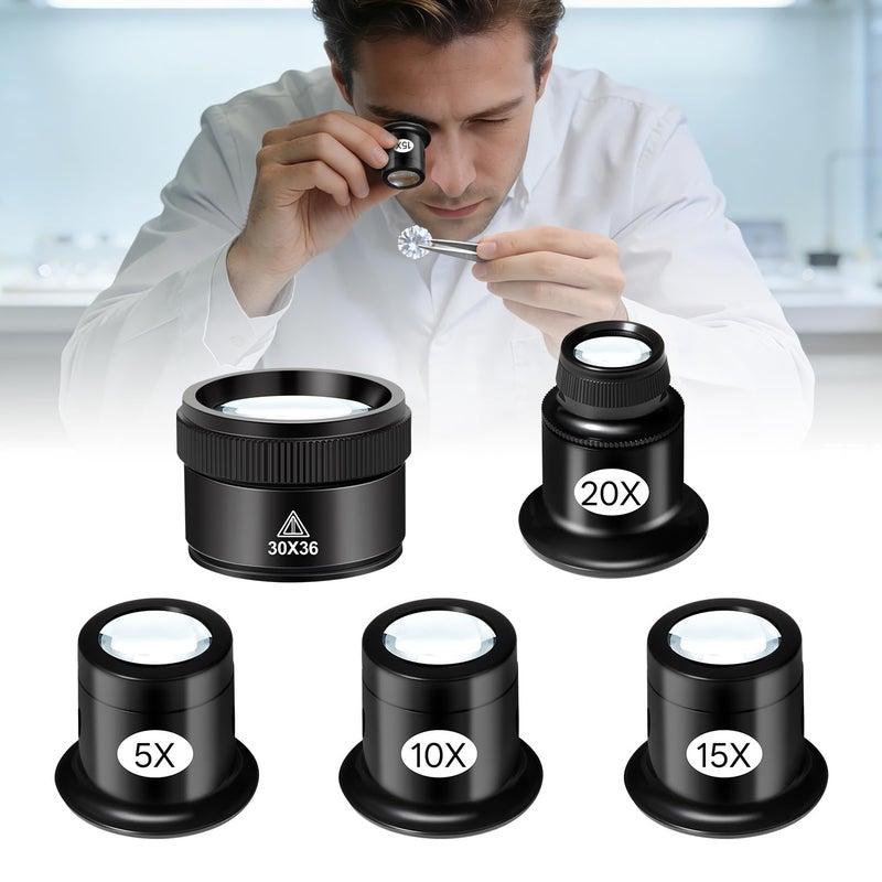 mlogiroa 5 Pcs Jewelers Loupe Set, Portable Eye Magnifier with 5X 10X 15X 20X 30X36mm Glass Lens, Mini Monocular Magnifying Glass for Jewelry Inspection, Watch Repair Tools, Circuit Inspection, Coins - Image 1