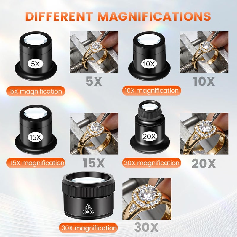 mlogiroa 5 Pcs Jewelers Loupe Set, Portable Eye Magnifier with 5X 10X 15X 20X 30X36mm Glass Lens, Mini Monocular Magnifying Glass for Jewelry Inspection, Watch Repair Tools, Circuit Inspection, Coins - Image 3