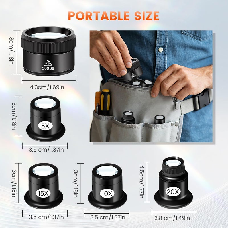 mlogiroa 5 Pcs Jewelers Loupe Set, Portable Eye Magnifier with 5X 10X 15X 20X 30X36mm Glass Lens, Mini Monocular Magnifying Glass for Jewelry Inspection, Watch Repair Tools, Circuit Inspection, Coins - Image 2