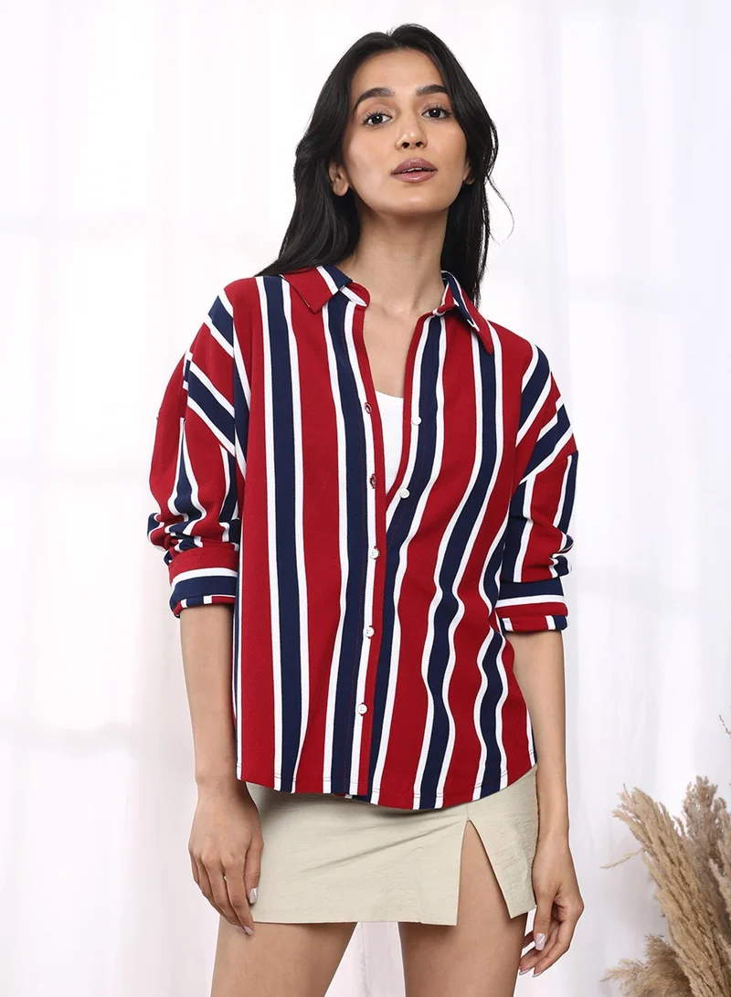 Women's Crimson Red & Navy Blue Striped Boxy Shirt