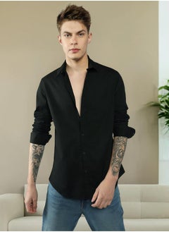 Dennis Lingo Slim Fit Black Men's Casual Spread Collar Shirt, Full Sleeves, 100% Cotton,  - Image 1
