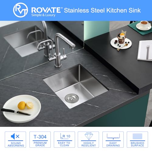 ROVATE Bar Sink, ROVATE 15 x 15 x 8 inch Bar or Prep Kitchen Sink Undermount, Single Bowl T-304 Stainless Steel Small Sinks Handmade with Strainer - Image 4